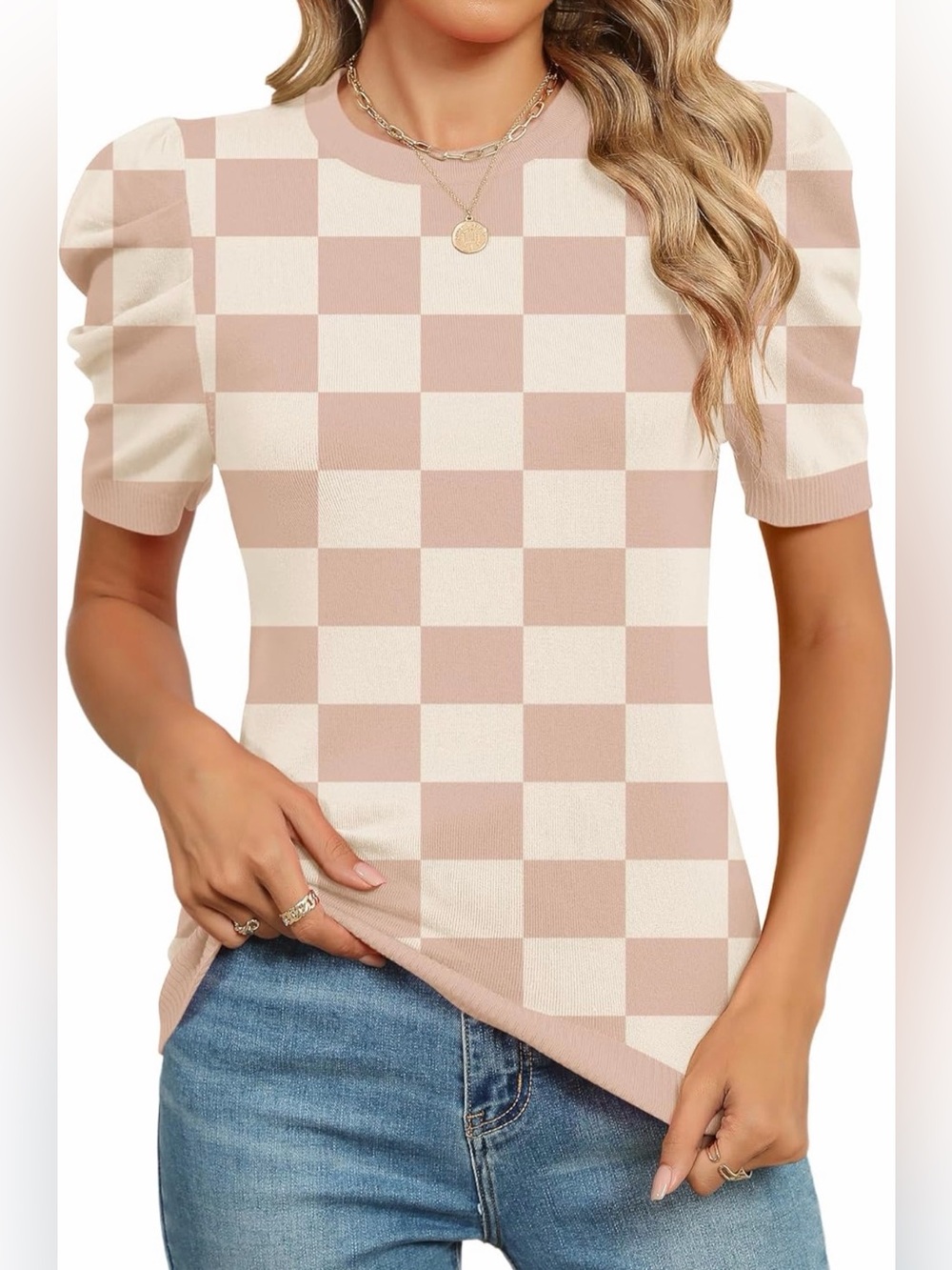 AKEWEI Checkerboard Puff Shirt Sleeve Knit crew neck Top Blush & Cream Khaki NWT